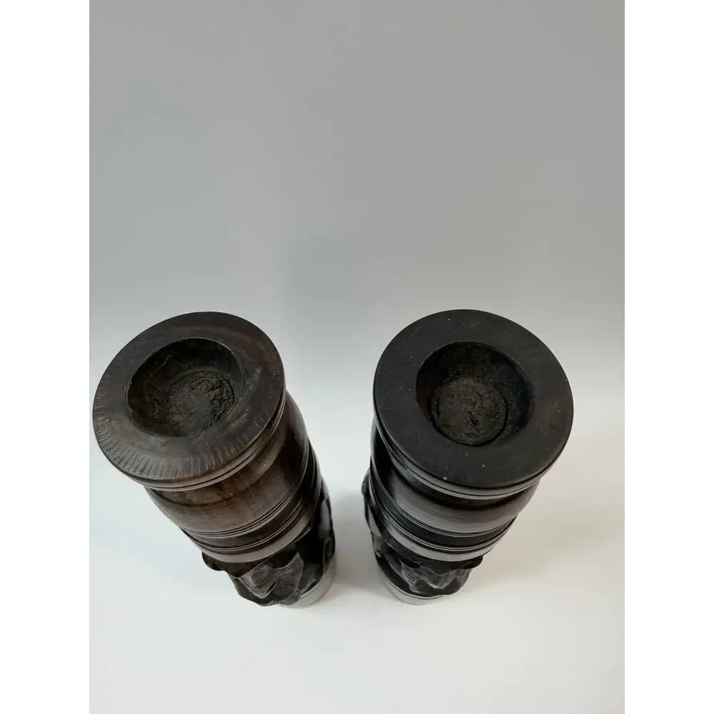 Set 2 Hand Carved Wood Candle Holders Figural Tribal Decor 1.78 lb